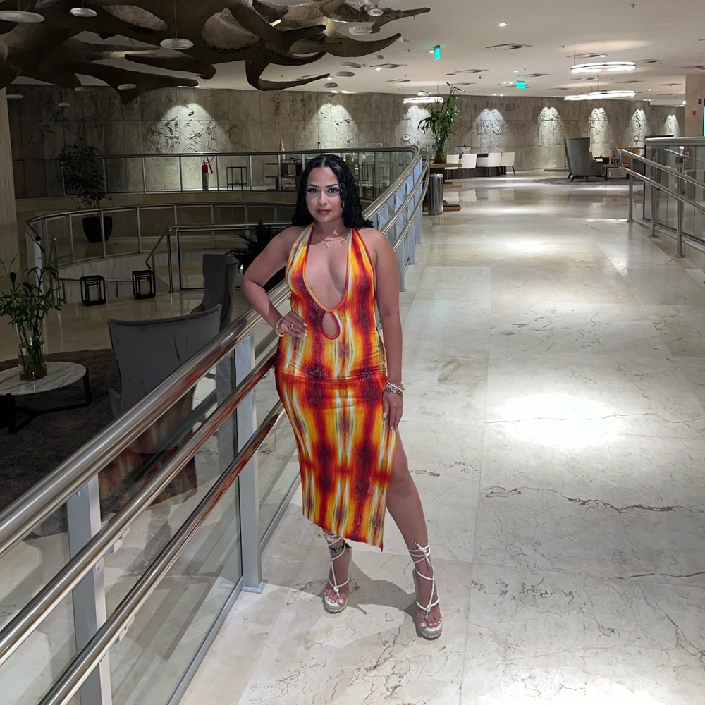Stretchy Orange Tie Dye Deep V Halter Dress